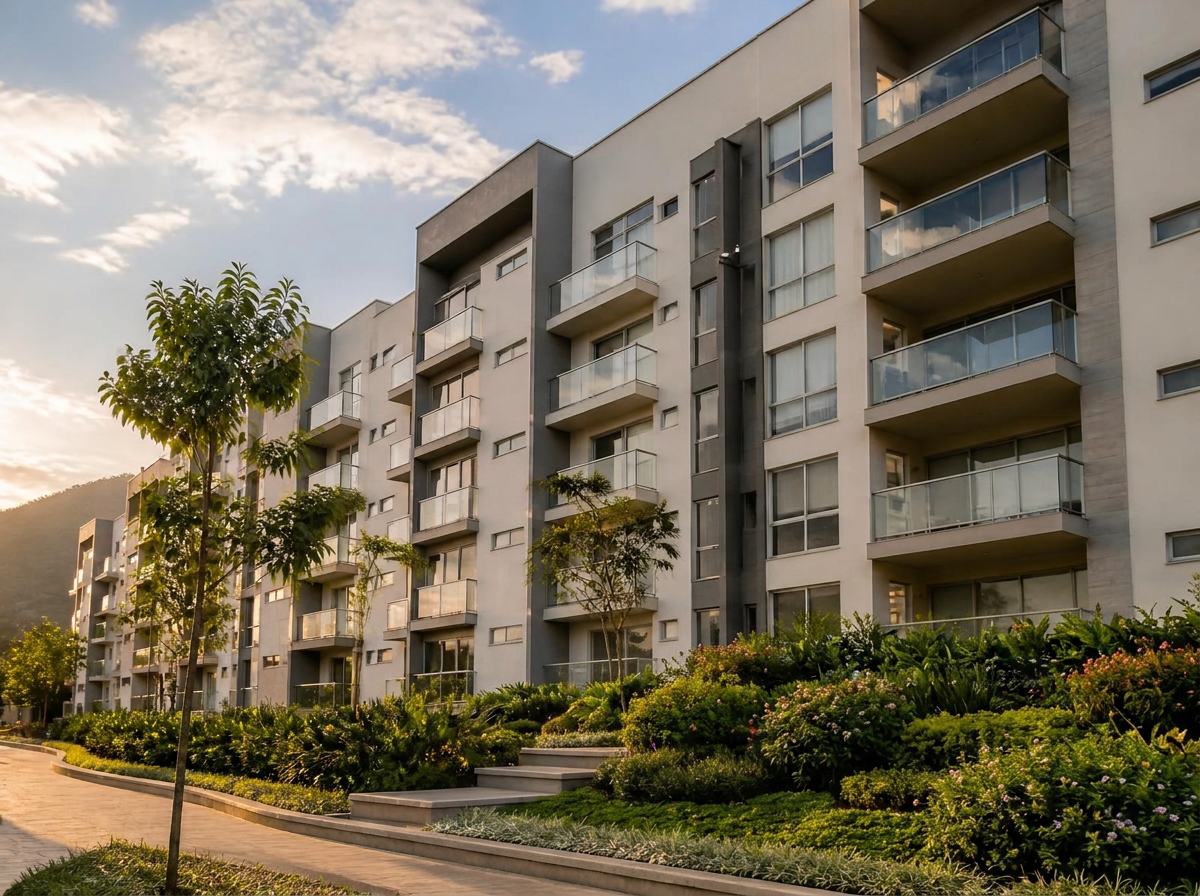 Conjunto residencial moderno en Colombia con jardines y zonas comunes